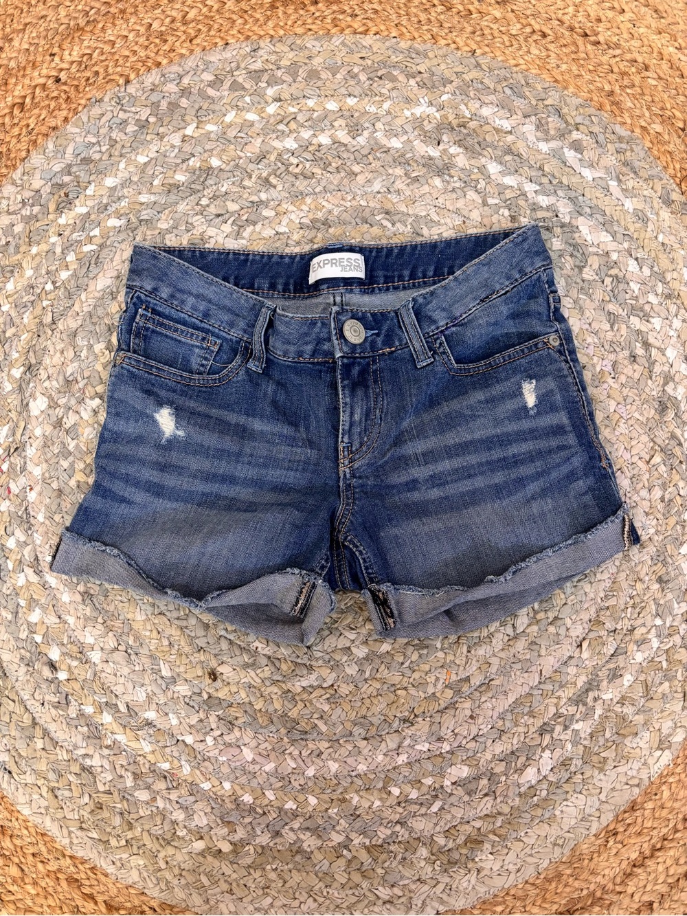 Express Women’s Medium Blue Distressed Denim Roll-Up Shorts